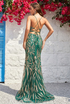 Spaghetti Straps Mermaid Dark Green Prom Dress with Bronzing