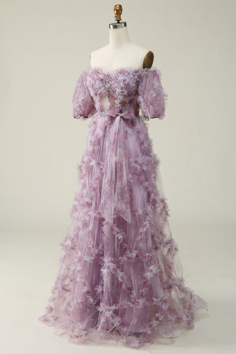 Load image into Gallery viewer, Off the Shoulder A Line Tulle Floral Prom Dress with Ruffles