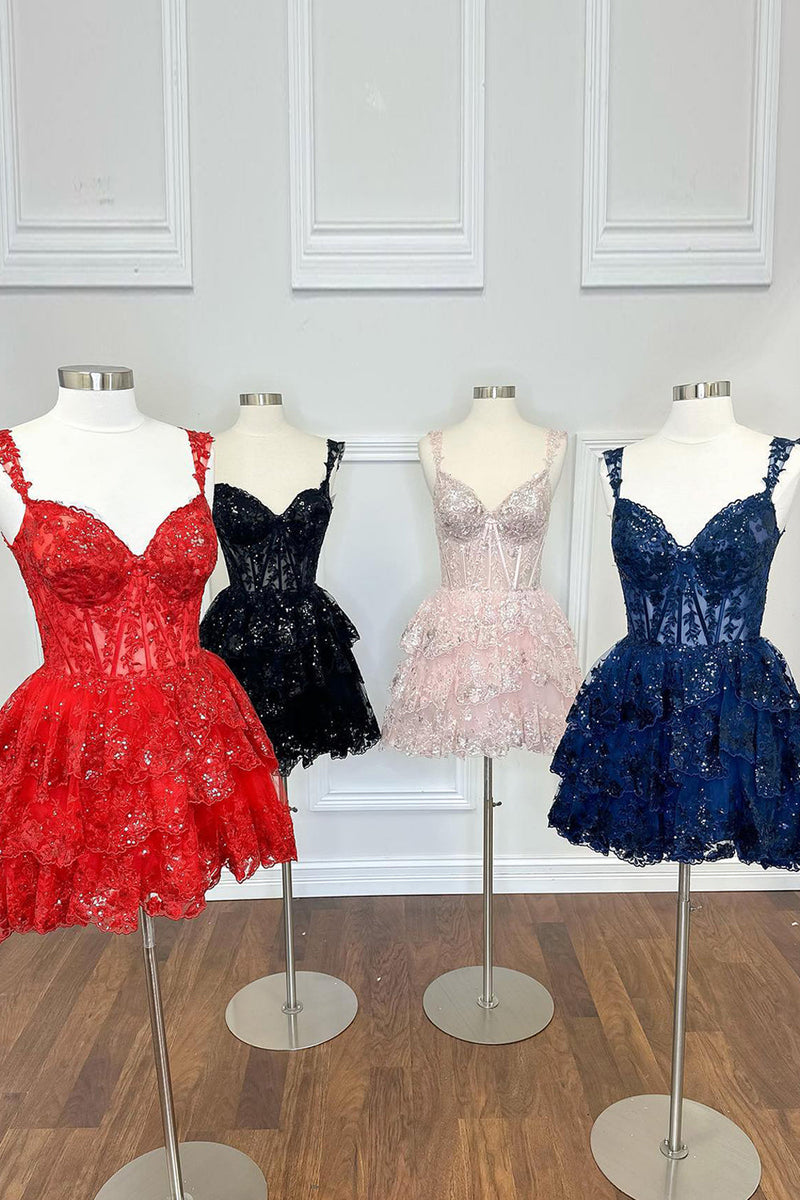 Load image into Gallery viewer, Sparkly Navy Corset Tiered Lace A-Line Short Graduation Dress