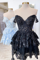 Load image into Gallery viewer, Sparkly Navy Corset Tiered Lace A-Line Short Graduation Dress
