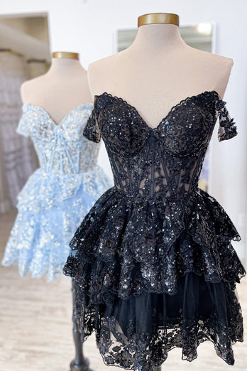 Sparkly Navy Corset Tiered Lace A-Line Short Homecoming Dress