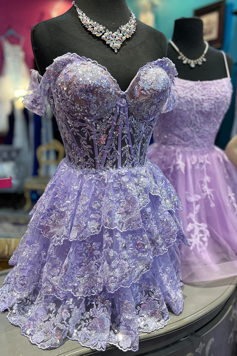Load image into Gallery viewer, Sparkly Navy Corset Tiered Lace A-Line Short Graduation Dress