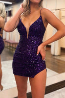 Load image into Gallery viewer, Sparkly Purple Sequins Backless Tight Short Homecoming Dress with Slit