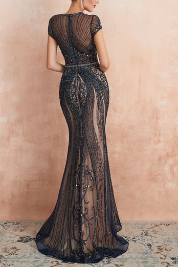 Luxurious Mermaid Jewel Neck Champagne Prom Dress with Beading