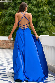 Royal Blue Backless Satin Prom Dress with Slit