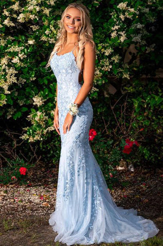 Mermaid Blue Long Prom Dress Backless Evening Dress