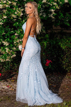 Mermaid Blue Long Prom Dress Backless Evening Dress