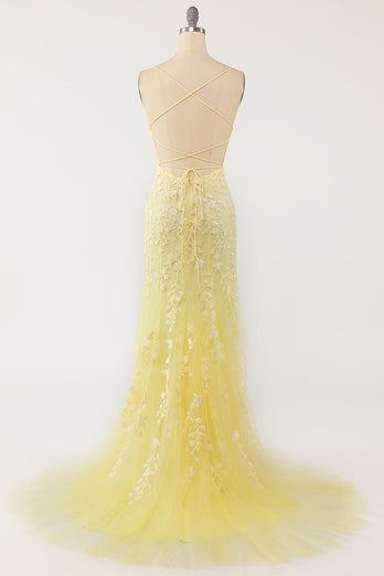 Mermaid Yellow Long Prom Dress with Appliques