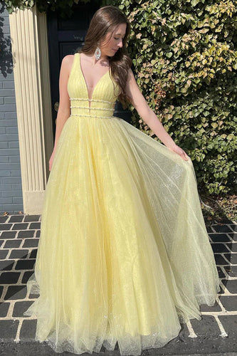 Yellow Tulle A Line Sparkly Princess Prom Dress