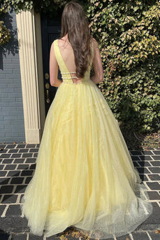 Yellow Tulle A Line Sparkly Princess Prom Dress