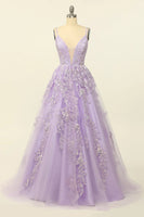 Load image into Gallery viewer, Beading A Line Lavender Prom Dress with Appliques