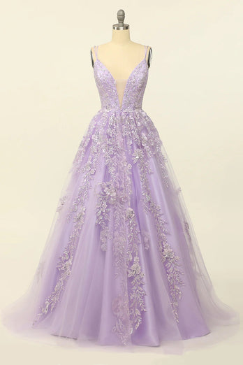 Beading A Line Lavender Prom Dress with Appliques