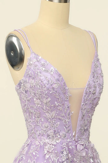 Beading A Line Lavender Prom Dress with Appliques