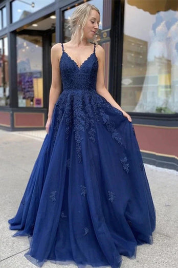 Navy A Line Tulle Prom Dress with Appliques
