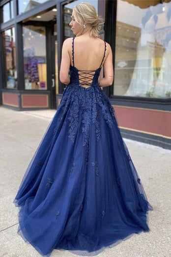 Navy A Line Tulle Prom Dress with Appliques
