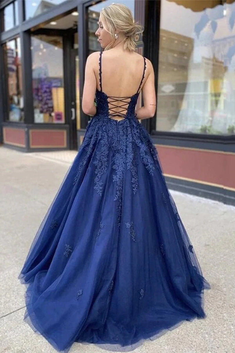 Load image into Gallery viewer, Navy A Line Tulle Prom Dress with Appliques