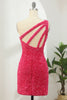 Load image into Gallery viewer, Hot Pink Open Sequins One Shoulder Tight Homecoming Dress