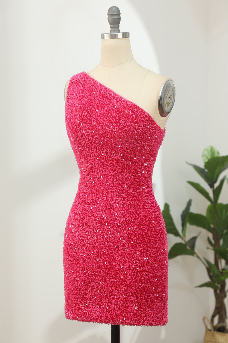 Load image into Gallery viewer, Hot Pink Open Sequins One Shoulder Tight Homecoming Dress
