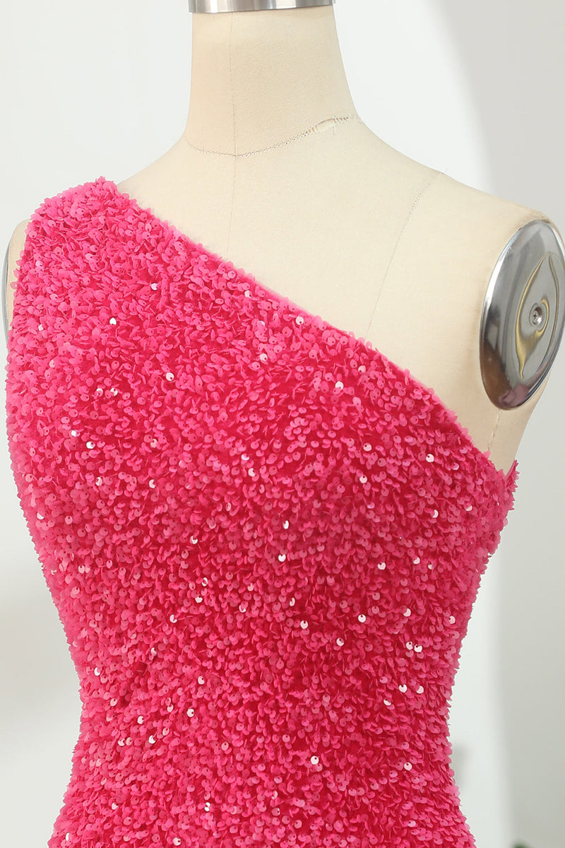 Load image into Gallery viewer, Hot Pink Open Sequins One Shoulder Tight Homecoming Dress