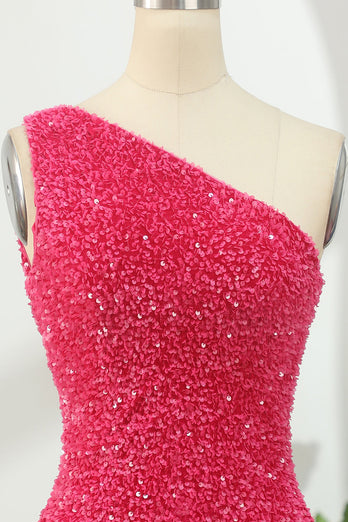 Hot Pink Open Sequins One Shoulder Tight Homecoming Dress