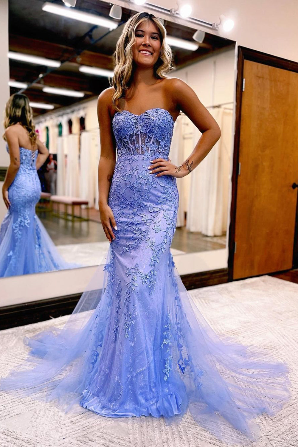 Hellymoon Women Blue Strapless Mermaid Prom Dress with Appliques hellymoonuk