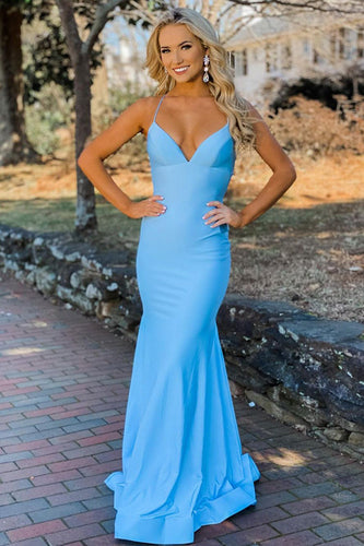 Blue Mermaid Simple Prom Dress with Lace-up Back