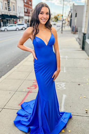 Royal Blue Mermaid Simple Prom Dress with Lace-up Back