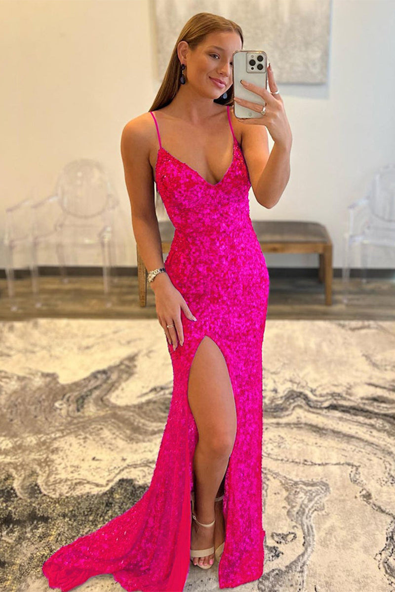 Load image into Gallery viewer, Gold Mermaid Sequin Prom Dress with Slit