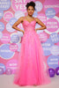 Load image into Gallery viewer, Off The Shoulder Hot Pink Long Prom Dress with Appliques