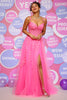 Load image into Gallery viewer, Off The Shoulder Hot Pink Long Prom Dress with Appliques