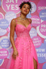 Load image into Gallery viewer, Off The Shoulder Hot Pink Long Prom Dress with Appliques