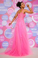 Load image into Gallery viewer, Navy Tulle Princess Prom Dress with Appliques