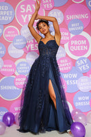 Load image into Gallery viewer, Navy Tulle Princess Prom Dress with Appliques