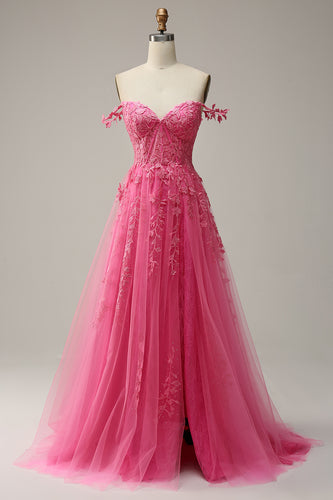 Off the Shoulder Hot Pink Prom Dress with Appliques