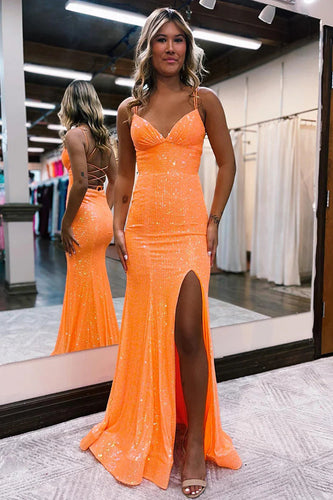 Mermaid Spaghetti Straps Orange Sparkly Prom Dress with Sequins