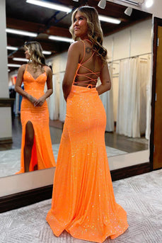 Mermaid Spaghetti Straps Orange Sparkly Prom Dress with Sequins