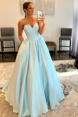 Sweetheart A-Line Strapless Blue Corset Prom Dress