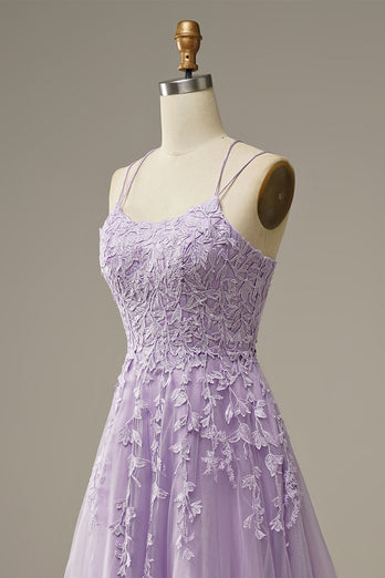 A-Line Spaghetti Straps Purple Long Prom Dress