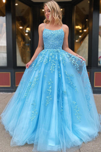 Spaghetti Straps Long Princess Prom Dress with Appliques