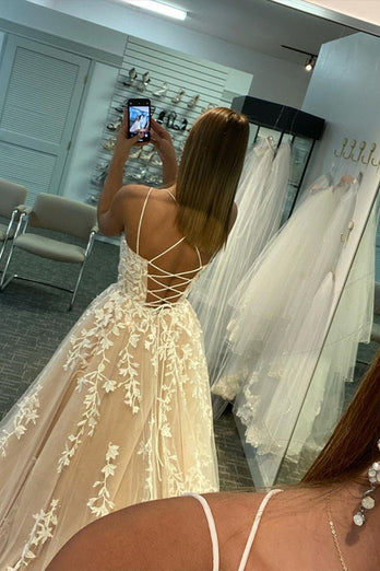 Princess Champagne Spaghetti Straps Prom Dress