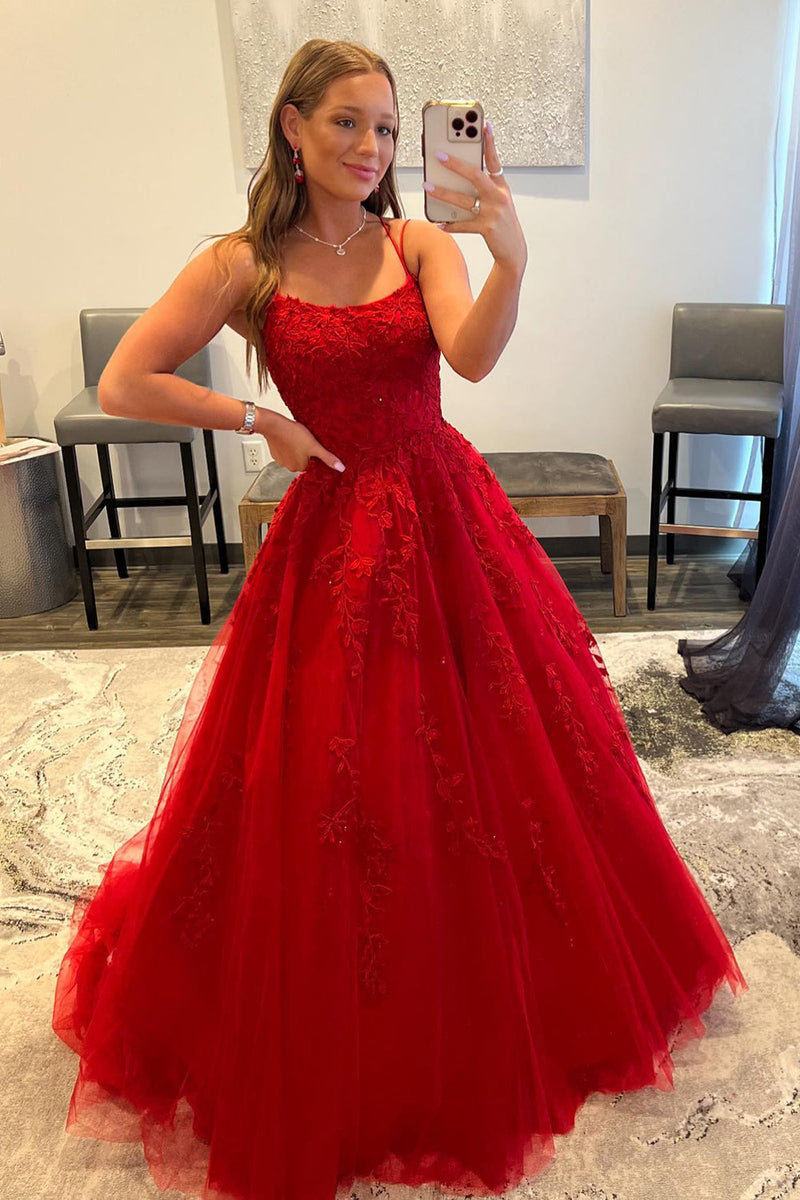 Load image into Gallery viewer, Red Spaghetti Straps Long Prom Dress with Appliques