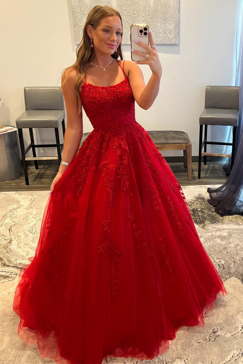 Load image into Gallery viewer, Red Spaghetti Straps Long Prom Dress with Appliques