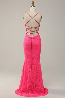 Hot Pink Mermaid Spaghetti Straps Sparkly Prom Dress with Sequins