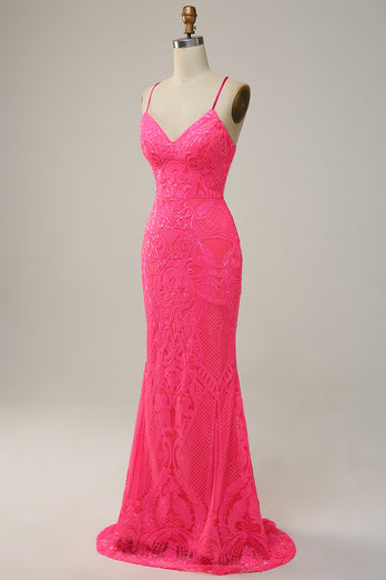 Hot Pink Mermaid Spaghetti Straps Sparkly Prom Dress with Sequins