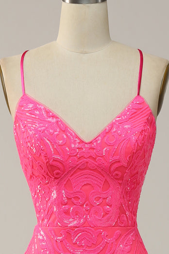 Hot Pink Mermaid Spaghetti Straps Sparkly Prom Dress with Sequins