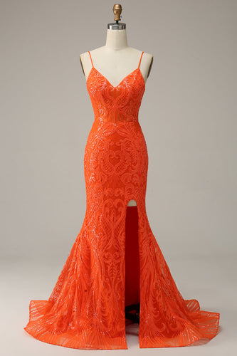 Orange Mermaid Spaghetti Straps Long Prom Dress with Slit