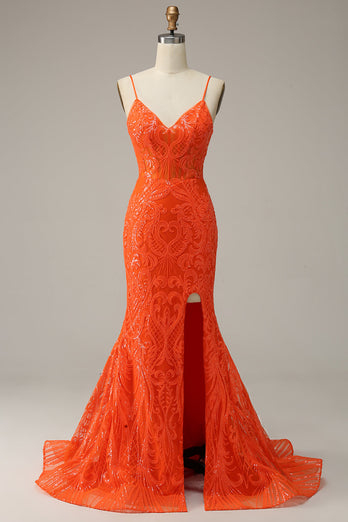 Orange Mermaid Spaghetti Straps Long Prom Dress with Slit