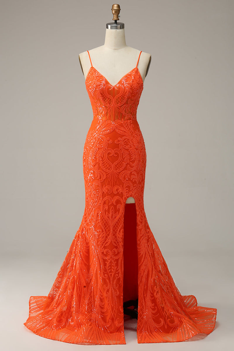 Load image into Gallery viewer, Orange Mermaid Spaghetti Straps Long Prom Dress with Slit