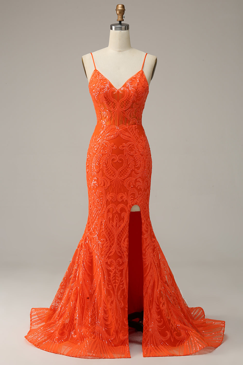 Orange Mermaid Spaghetti Straps Long Prom Dress with Slit