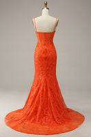 Load image into Gallery viewer, Orange Mermaid Spaghetti Straps Long Prom Dress with Slit